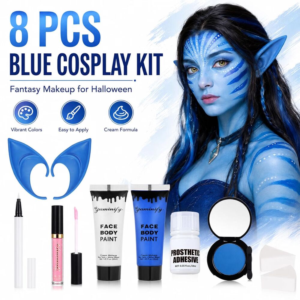 Avatar Blue Face Body Paint Makeup Kit Elf Ears Cosplay
